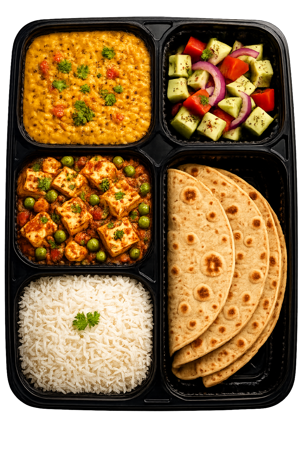 Daily vegetarian thali with dal, paneer, rice, salad and rotis